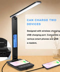 All In One LED Desk Lamp With Wireless Charger For Home Or Office Dimmable Reading Light USB Port Built In Clock Calendar Thermometer