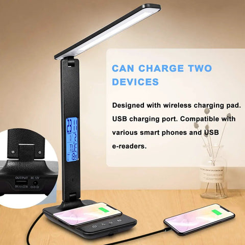 All In One LED Desk Lamp With Wireless Charger For Home Or Office Dimmable Reading Light USB Port Built In Clock Calendar Thermometer