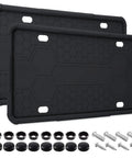 Two Pack Silicone License Plate Frames Black For Front And Rear Mounting On Cars And Trucks Universal US Plate Holder Rust Proof Rattle Proof Weatherproof Easy Install Mounting Kit Accessories with hardware shown
