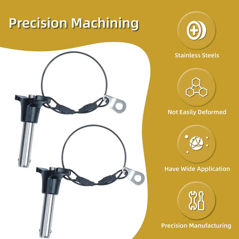 Two Pack Triangular Cap Ball Locking Pins With Button Handle For Quick Release, 304 Stainless Steel Construction, shown with 24.5cm Rope.