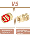 Comparison of brass knurled inserts showing straight embossing vs. double twill design for M5 Brass Heat Set Threaded Inserts Kit For Plastic 3D Printing.