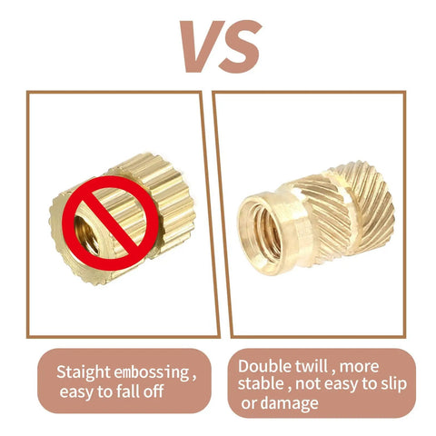 Comparison of brass knurled inserts showing straight embossing vs. double twill design for M5 Brass Heat Set Threaded Inserts Kit For Plastic 3D Printing.