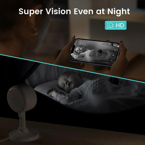 2K Indoor Security Cams Twin Pack With Night Vision, Smartphone App Access showing baby monitor view on phone, night vision mode