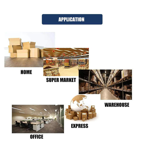 Product application collage with boxes in home, supermarket, warehouse, office, and express shipping settings.