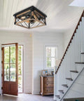 Farmhouse Flush Mount Cage Light With Adjustable Pull Chain, Square Wood Rustic Ceiling Fixture In Black Metal Industrial Style
