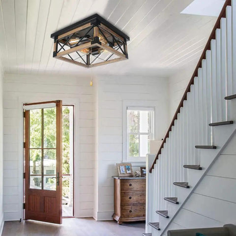 Farmhouse Flush Mount Cage Light With Adjustable Pull Chain, Square Wood Rustic Ceiling Fixture In Black Metal Industrial Style