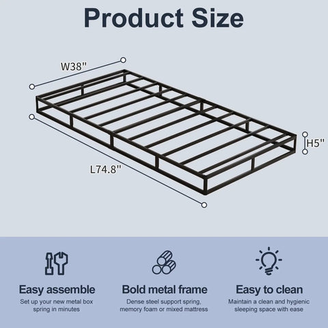 Heavy Duty Twin Bed Box Spring With Noise Free Metal Frame And Thick Fabric Cover For Memory Foam And Innerspring Mattresses Quick Snap Together Assembly Low Riser Sleep Game Changer dimensions 74.8" L x 38" W x 5" H