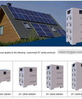 Heavy Hitter 45Kwh Lithium Battery Power Wall With Built In 12kw Off Grid Inverter, showcased near solar panels on roof.