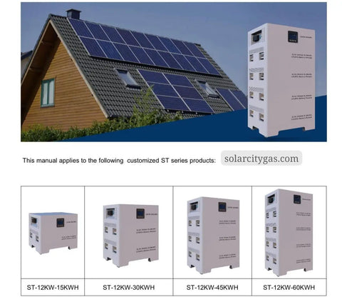 Heavy Hitter 45Kwh Lithium Battery Power Wall With Built In 12kw Off Grid Inverter, showcased near solar panels on roof.