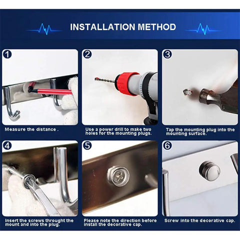 Installation steps for Brushed Nickel 11 Inch Wall Mounted Coat Rack With Four Hooks Durable 304 Stainless Steel Towel Rail