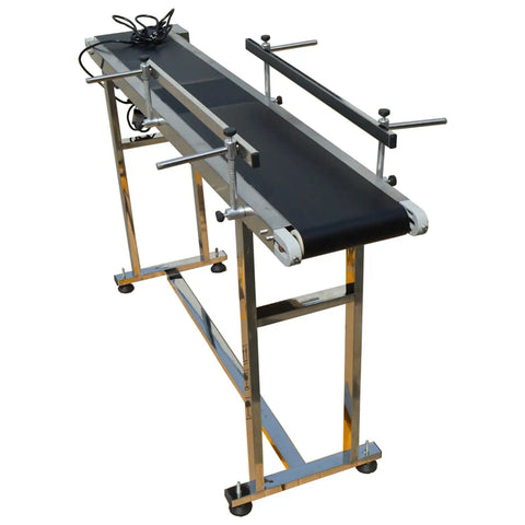 110V PVC Belt Conveyor With Double Guardrail, 59 Inch Length, 7.8 Inch Wide Belt in stainless steel frame with adjustable speed