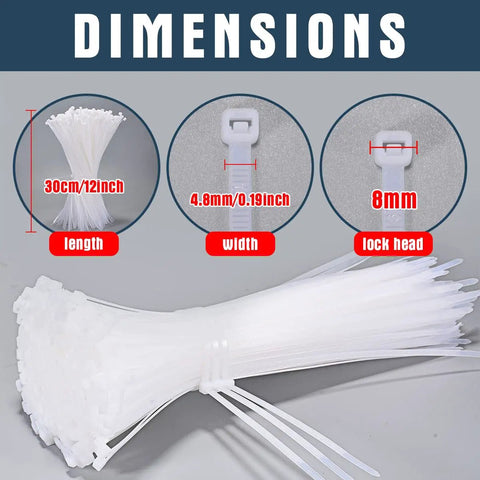 Tough As Nails 12 Inch White Zip Ties Mega Pack 1000 Count Outdoor UV Resistant Nylon Cable Ties with dimensions shown
