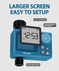Outdoor Sprinkler Timer With Digital Programmable Settings For Garden Hose featuring large LCD, rain delay, easy dial knob control.