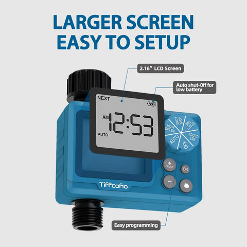 Outdoor Sprinkler Timer With Digital Programmable Settings For Garden Hose featuring large LCD, rain delay, easy dial knob control.