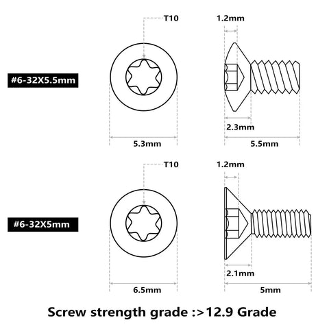 Technical diagram showing the 60 Pcs 6 32 Flat Head Screws Kit For Red Dot Sights, Tough Alloy Steel Hardened Grade 12.9 Black Finish.