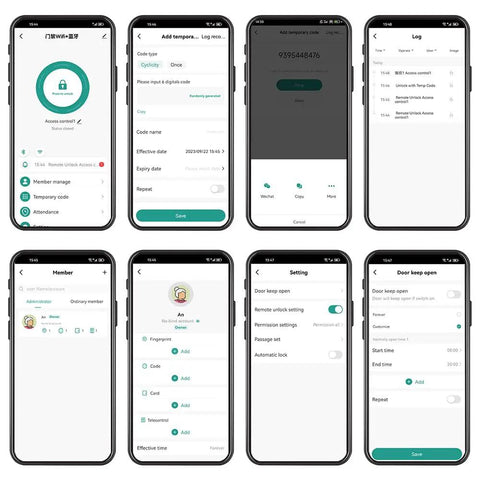 Smart WiFi Access Control Kit With IP68 Waterproof Fingerprint Keypad mobile app interface on six smartphone screens.