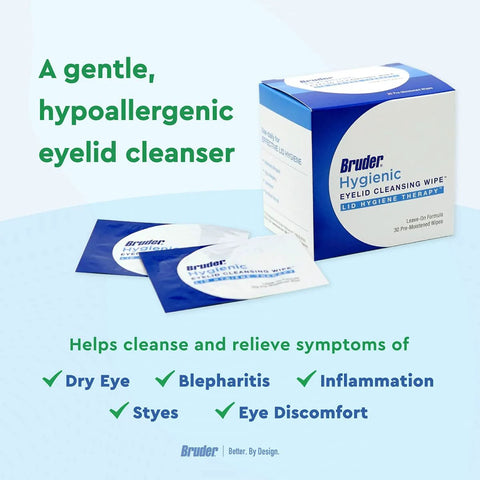 Front view of Bruder Hygienic Eyelid Cleansing Wipes box with two sachets (30 pre-moistened wipes)