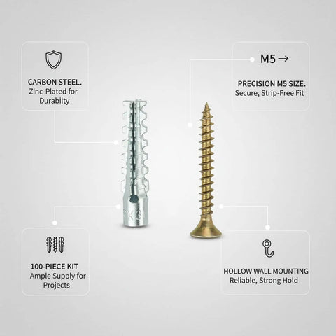 100 Piece Heavy Duty M5 Drywall Anchor And Screw Set With Carbon Steel Zinc Plated Wall Anchors for hollow walls.