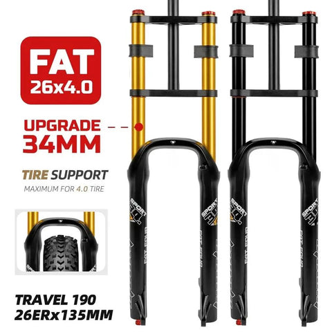 26 Inch Fat Bike Suspension Fork With 4.0 Inch Tire Clearance, 160mm Travel, Rebound Adjustable, Manual Lockout, Straight Double