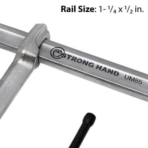 Close-up of Regular Duty Bar Clamp, 8.5 Inch Capacity, 2400 Lbs Clamping Pressure, showing rail size 1-1/4 x 1/2 in.