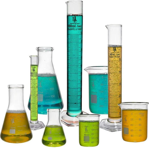 Beaker, Flask, And Graduated Cylinder Set In 3.3 Borosilicate Glass, Heavy Duty Lab Glassware Kit, 9 Pieces, ASTM E960 Type I
