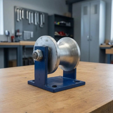 Smooth Operator V Shaped Gate Track Roller With Rock Solid 130X130mm Mounting Base on a workbench, steel wheel design.