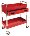 Red Two Shelf Utility Cart With Locking Drawer Heavy Duty 16 Gauge Steel Mobile Storage Cart for Tools and Gear