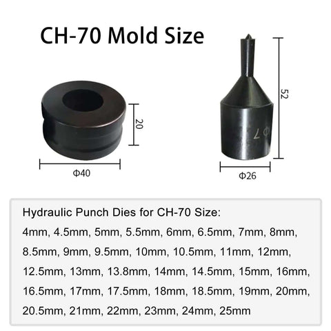 CH-70 mold size chart with hydraulic round hole punch die set for steel copper and aluminum, heavy duty sheet metal punching dies