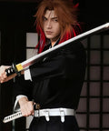 White Katana Sword Belt Leather Holder for Demon Slayer Cosplay with character holding sword in traditional attire