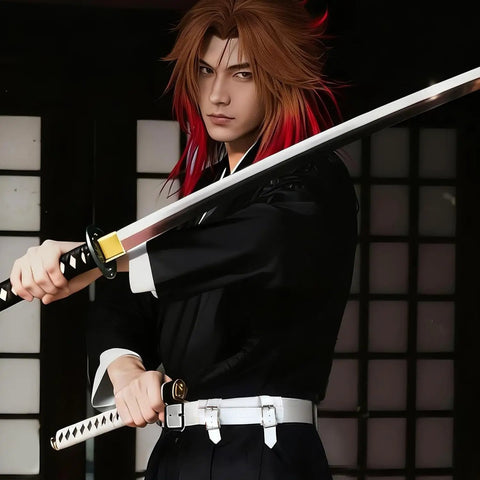 White Katana Sword Belt Leather Holder for Demon Slayer Cosplay with character holding sword in traditional attire