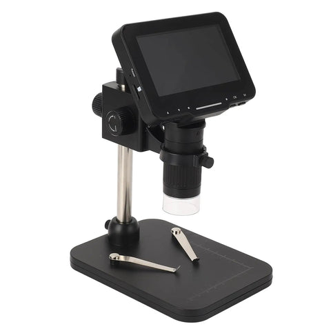 Pro Grade Digital Welding Microscope With 4.3 Inch IPS Screen, 16MP Sensor, 1080P Clarity, 1600X Magnification For Ultra Clear Enlarged Viewing, HD Multimedia Interface, Perfect For Metal Work, Electronics, And Precision Inspection. black bench-top digital microscope with stand and base