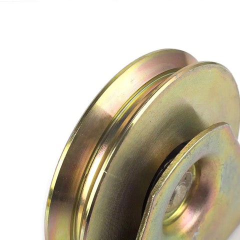Heavy Duty Rock Solid 4 Inch Gold V Groove Wheel For Sliding Industrial Gate Tracks And Service Carts With Smooth Rolling Performance And Reliable 300 Kilogram Payload Rating, close-up view of groove detail.