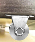 Close-up of Two Pack V Groove Wheel Pulley Blocks 1.26 Inch Stainless Steel Silent Pulley attached to wood surface.