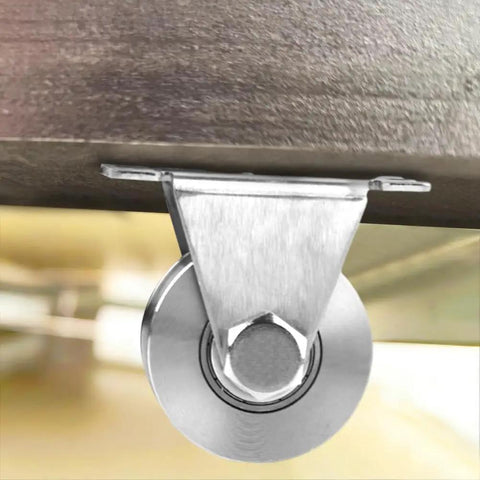 Rock Solid V Groove Wheel Pulley 2.28 Inch 304 Stainless Steel Silent Rolling Block mounted on wood, ideal for sliding gates.