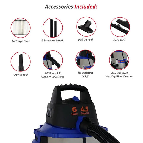 Wet-Dry Vacuum Cleaner With 6-Gallon Tank, 4.5 Peak HP Motor, Lightweight And Easy-To-Transport, accessory kit displayed