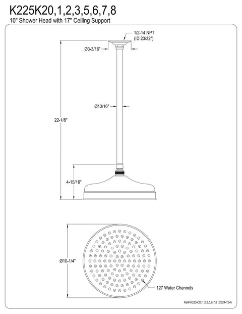 Diagram of Shower Scape 10 Inch Round Raindrop Brass Shower Head With 17 Inch Ceiling Mount Arm In Antique Brass Finish, measurements labeled.