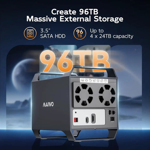 Four Bay Sata Enclosure Runs Slick With Quiet Cooling Fan And Usb A And C Cables Handles Raid Zero One Three Five Ten Jbod Cloning Up To 96TB Capacity At Five Gbps Speeds Knocks Heavy Loads Out Of The Park Daily with 3.5 inch SATA HDD connections.