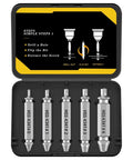 5-Piece HSS Screw Extractor Set For Damaged Screws And Bolts, Pro-Grade Drill Bit Kit displayed in storage case with instructions
