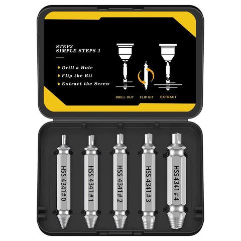 5-Piece HSS Screw Extractor Set For Damaged Screws And Bolts, Pro-Grade Drill Bit Kit displayed in storage case with instructions