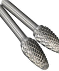 Two carbide burrs, part of the Five Piece Set Cone Burrs 12mm Diameter Pointed Tapered Carbide Burrs Heavy Duty Double Cutting Heads For Deburring Chamfering And Metalworking On Hard Steel Cast Iron Rotary Tools Pro Grade