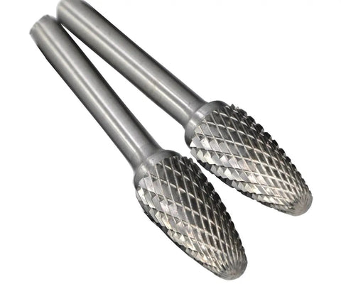 Two carbide burrs, part of the Five Piece Set Cone Burrs 12mm Diameter Pointed Tapered Carbide Burrs Heavy Duty Double Cutting Heads For Deburring Chamfering And Metalworking On Hard Steel Cast Iron Rotary Tools Pro Grade