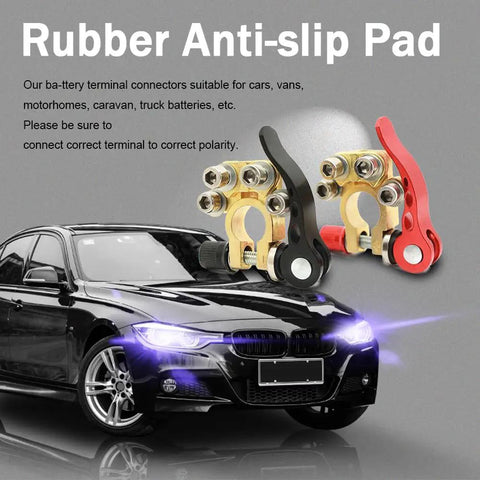 Four Way Battery Terminal Connectors For SAE JIS Type A Posts Quick Release Top Post Clamps For Positive And Negative Poles Copper Tinned Conductors With Anti Corrosion Shield High Conductivity Car Battery Clip Set shown with car background