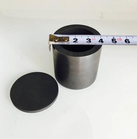 Top Shelf Graphite Crucible With Secure Lid For Heavy Duty Lab Smelting And Quick Melting Projects Four Inch Square shown with measurement.