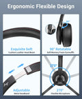 Ergonomic wireless headset with mic for work calls, featuring Bluetooth 5.2, AI noise cancelling mic, flexible design, USB dongle compatible