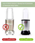 Two Magic Bullet blenders with compatibility text. Left blender not compatible, right blender compatible for Replacement Cross Blades For 250W Personal Blender MB1001 Series 1 Pack BPA Free Plastic Housing With Stainless Steel Cutting Edges Fits Juicer And Mixer Easy Clean Durable And Ready To Blend.