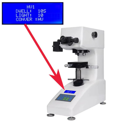Top Shelf Digital Micro Vickers Hardness Tester With LCD Display And 200X Microscope For Metals And Ceramics Plug And Play Automated Testing Dead On Accurate Industrial Grade showing display and control panel.