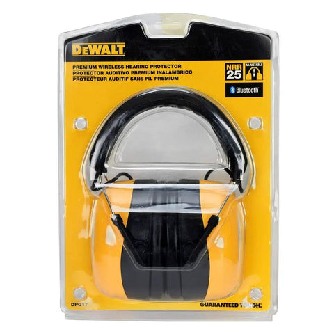 Rechargeable Bluetooth Ear Protection With 25 DB NRR Adjustable Headband Built In Microphone For Hands Free Calls Streaming Audio Black And Yellow Pro in retail packaging.