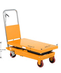 Rock Solid Double Scissor Hydraulic Lift Table Cart 770 Lb Capacity Adjustable Platform in orange, featuring a sturdy design and clear dimensions.