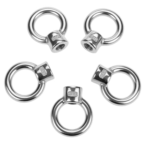 Rock Solid Boss Level Marine Grade Stainless Steel Lifting Eye Nuts 20 Pack 3/8 Inch Unc Threads, five stainless steel lifting eye nuts displayed.