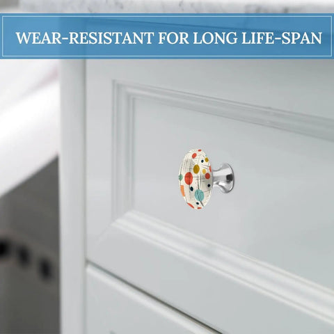 Closeup of colorful round knob on white cabinet with text 'Wear-Resistant for Long Life-Span'